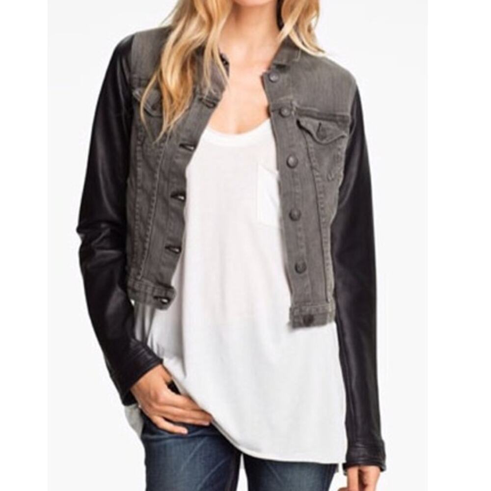 Rag & Bone Jean Jacket Iron Gray Black Leather Sleeves Denim Button Up Women's S